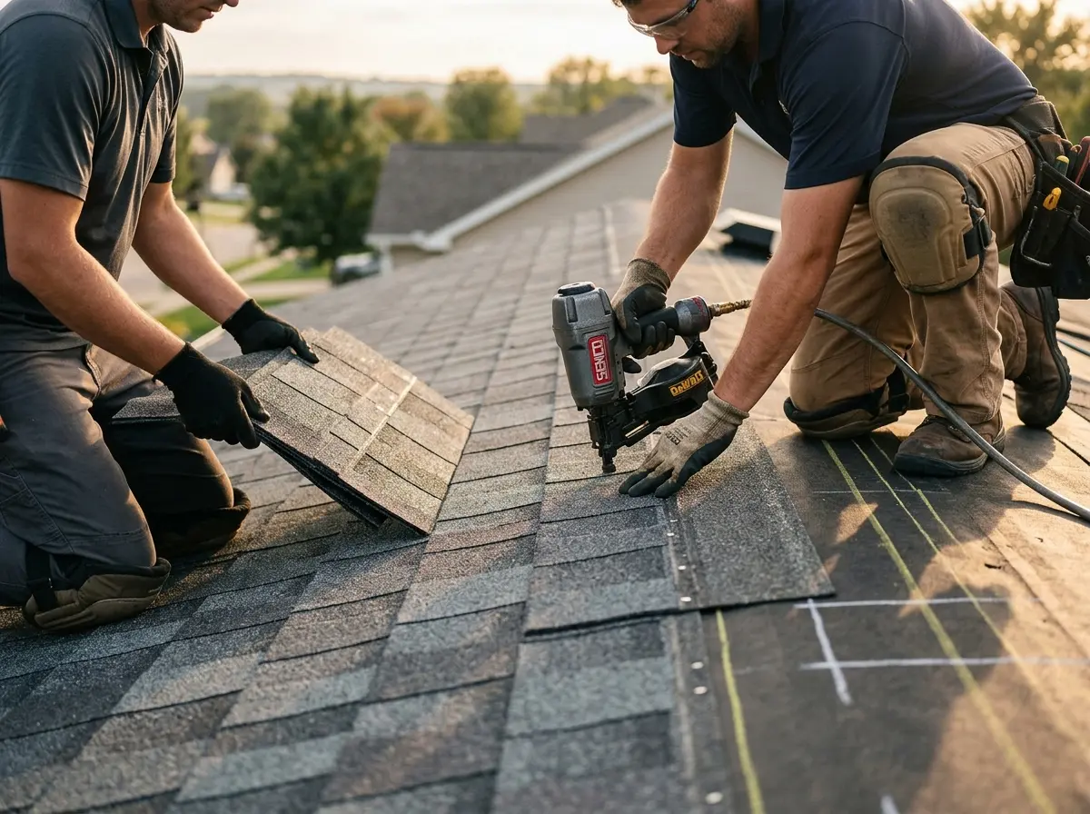 Professional roofer working on a residential roof in West University Place